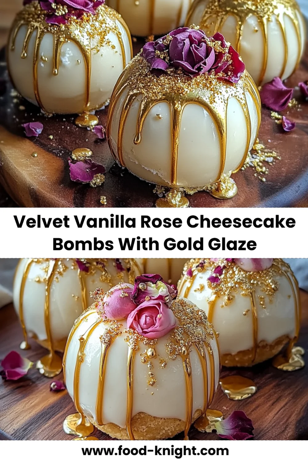 Velvet Vanilla Rose Cheesecake Bombs Recipe with Gold Glaze