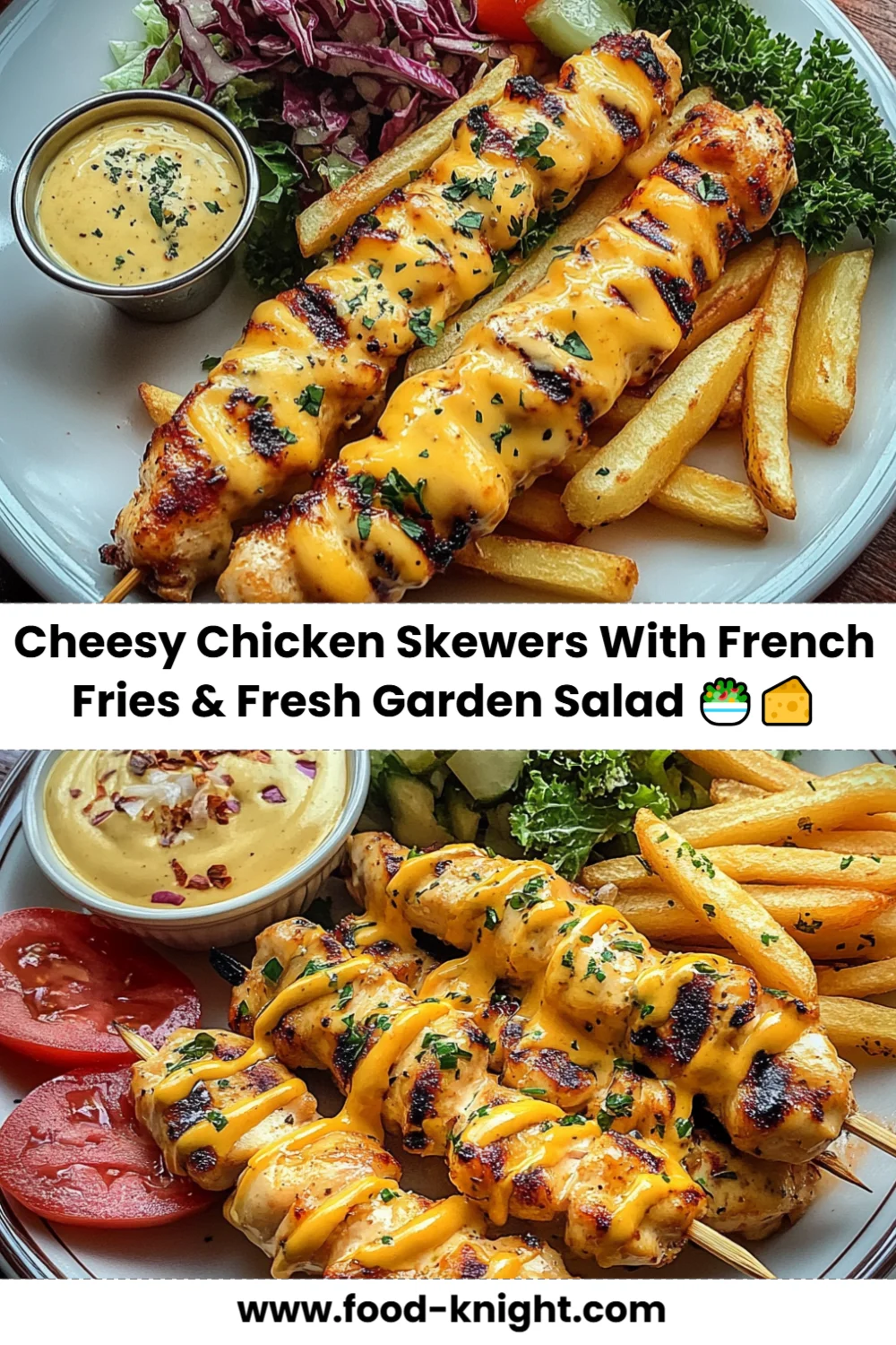 Cheesy Chicken Skewers Recipe with French Fries and Fresh Garden Salad