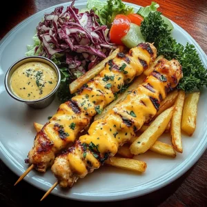 Cheesy Chicken Skewers Recipe with French Fries and Fresh Garden Salad