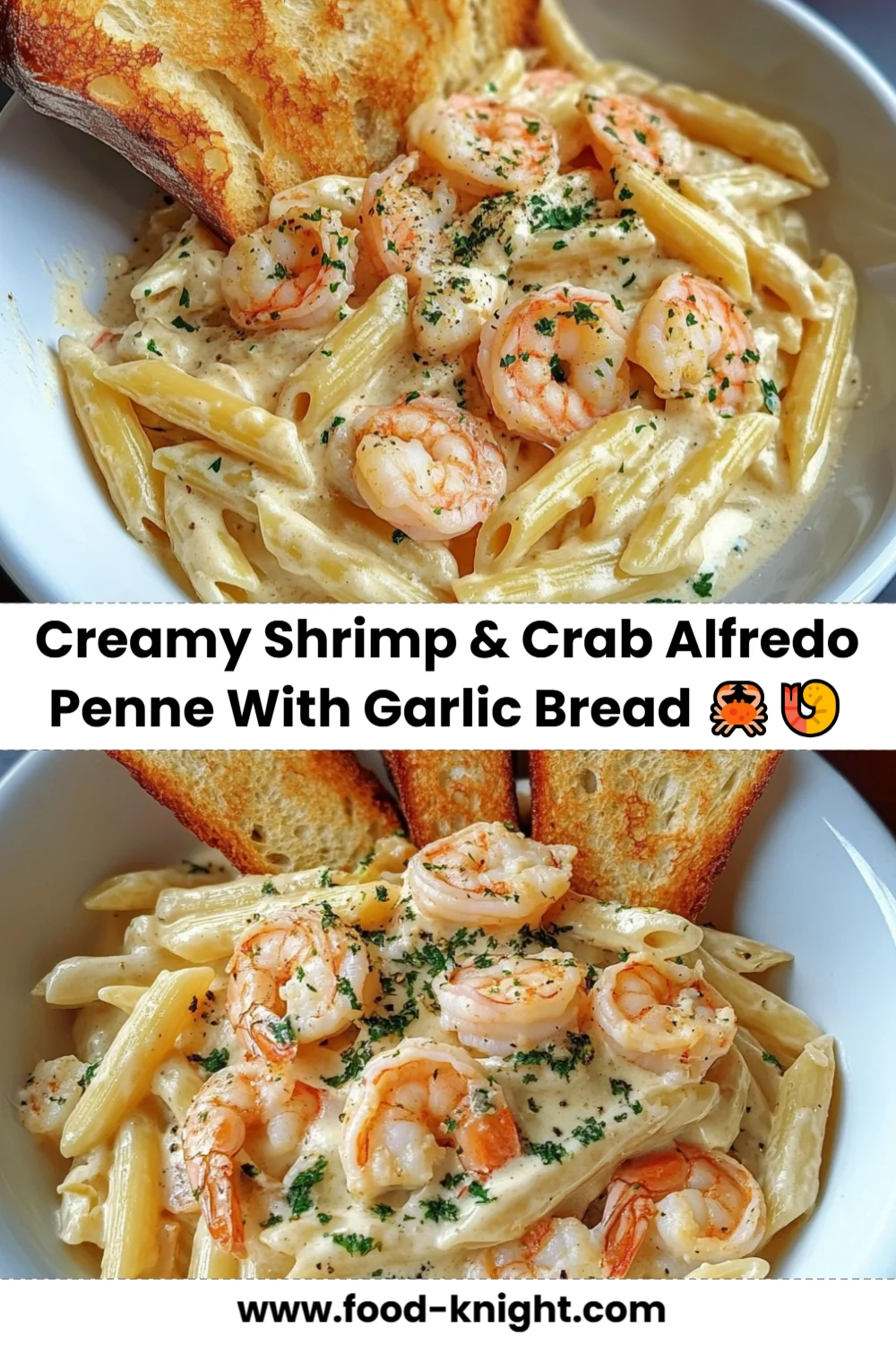 Creamy Shrimp and Crab Alfredo Penne Recipe with Garlic Bread