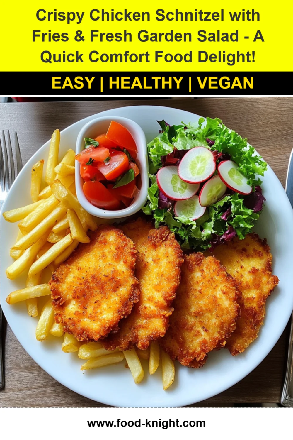 Crispy Chicken Schnitzel Recipe with Fries and Fresh Garden Salad