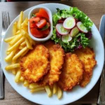 Crispy Chicken Schnitzel Recipe with Fries and Fresh Garden Salad