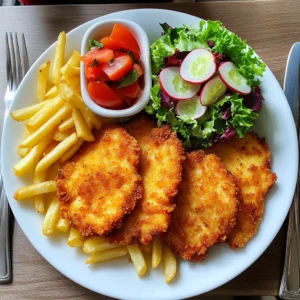 Crispy Chicken Schnitzel Recipe with Fries and Fresh Garden Salad