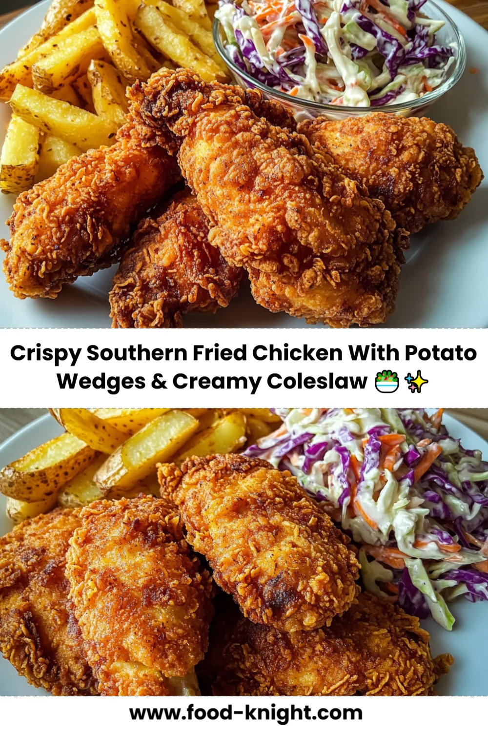 Crispy Southern Fried Chicken Recipe with Potato Wedges and Creamy Coleslaw