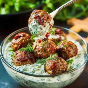Greek-Style Beef Meatballs with Creamy Sun-Dried Tomato Tzatziki Recipe