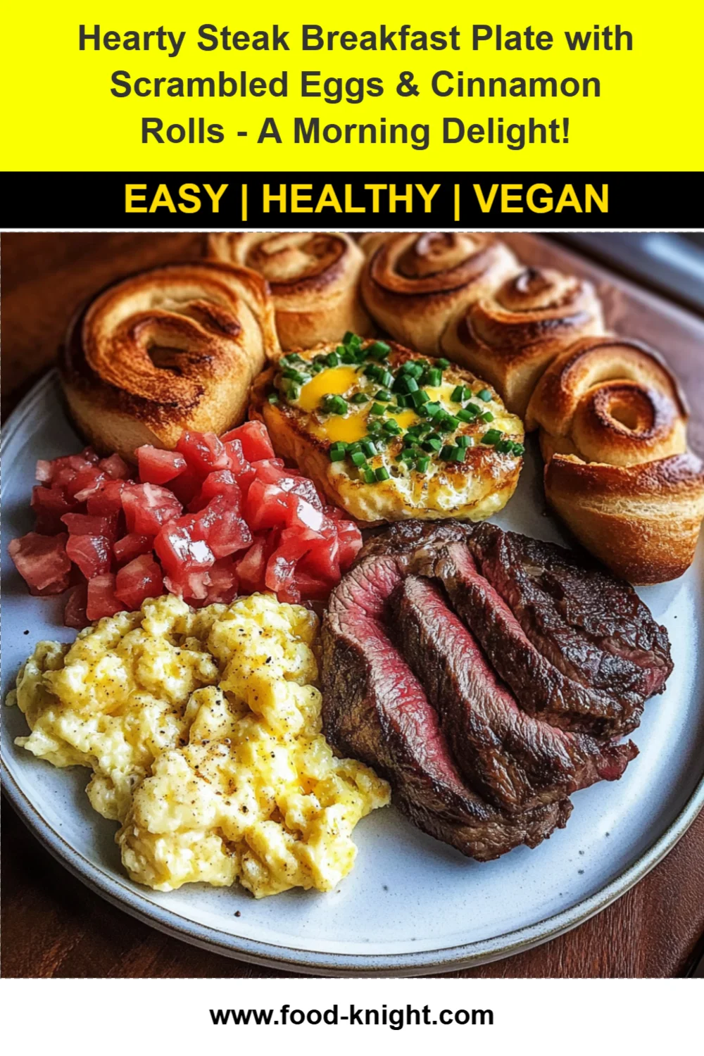 Hearty Steak Breakfast Plate with Scrambled Eggs and Cinnamon Rolls Recipe