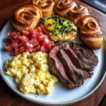 Hearty Steak Breakfast Plate with Scrambled Eggs and Cinnamon Rolls Recipe