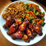 Honey Garlic Chicken Wings with Vegetable Chow Mein Recipe