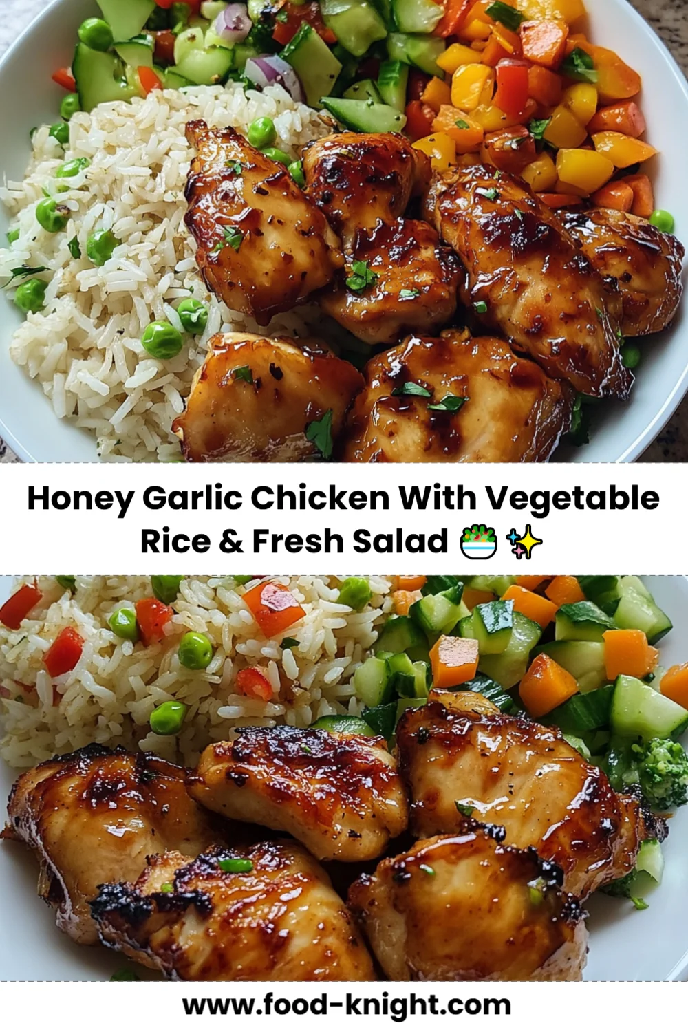 Honey Garlic Chicken with Vegetable Rice and Fresh Salad Recipe
