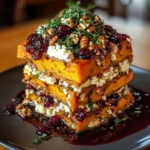 Layered Sweet Potato Lasagna Stack Recipe with Herbed Feta and Cranberry Glaze