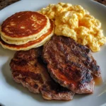 Steak, Scrambled Eggs & Pancakes Breakfast Platter Recipe