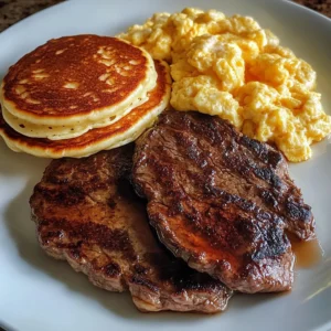 Steak, Scrambled Eggs & Pancakes Breakfast Platter Recipe