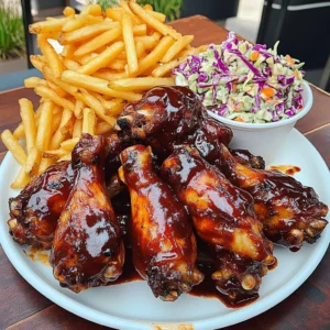 Sticky BBQ-Style Chicken Drumsticks Recipe with Fries and Creamy Slaw