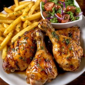 Ultimate Glazed Chicken Leg Quarters Recipe with Crispy Fries and Fresh Salad