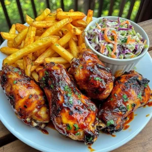 Ultimate Sticky BBQ Chicken Drumsticks Recipe with Paprika Fries & Creamy Coleslaw