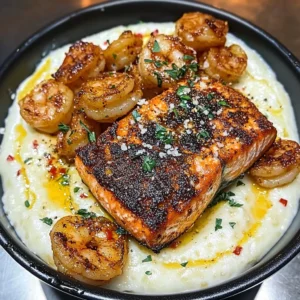 Blackened Salmon & Cajun Shrimp over Creamy Parmesan Grits Recipe