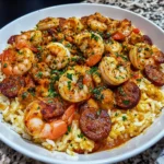 Garlic Butter Shrimp and Sausage over Cheesy Cajun Rice Recipe
