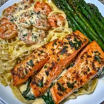 Creamy Garlic Shrimp & Spinach Fettuccine with Blackened Salmon Recipe
