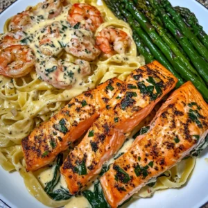 Creamy Garlic Shrimp & Spinach Fettuccine with Blackened Salmon Recipe