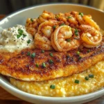 Crispy Catfish with Cajun Shrimp and Creamy Cheesy Grits Recipe