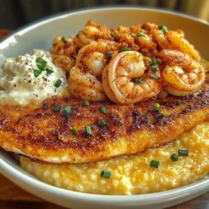 Crispy Catfish with Cajun Shrimp and Creamy Cheesy Grits Recipe