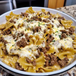 Garlic Beef Bowties in Creamy Three-Cheese Sauce Recipe